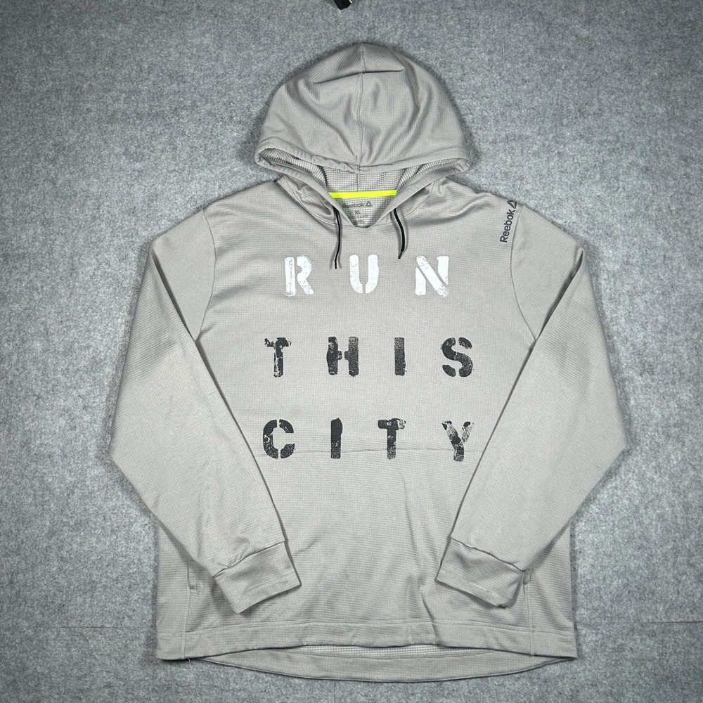 Reebok hoodie mens XL Gray Run This City graphic activewear running sweatshirt